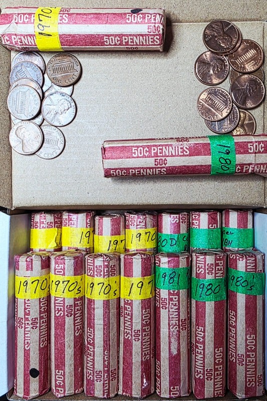 15 Rolls-1970s (9) & 1980s (6) Mixed Dates Circulated Copper Pennies       #2025