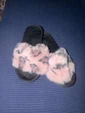 Faux Fur Slide Slippers Size 41-42 Pink Black Animal Print