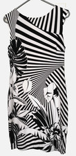 Cache Dress Size M White Black Leaf Sheath Cap Sleeve Lined Stretch Made In USA