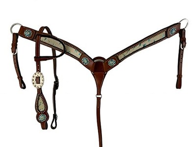 Showman Teal Acid Wash Cowhide Inlay Single Ear Leather Headstall & Breast