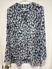 Halston Womens V-Neck Angel Sleeve Blouse , Navy Pink w/Hidden Buttons Sz SP