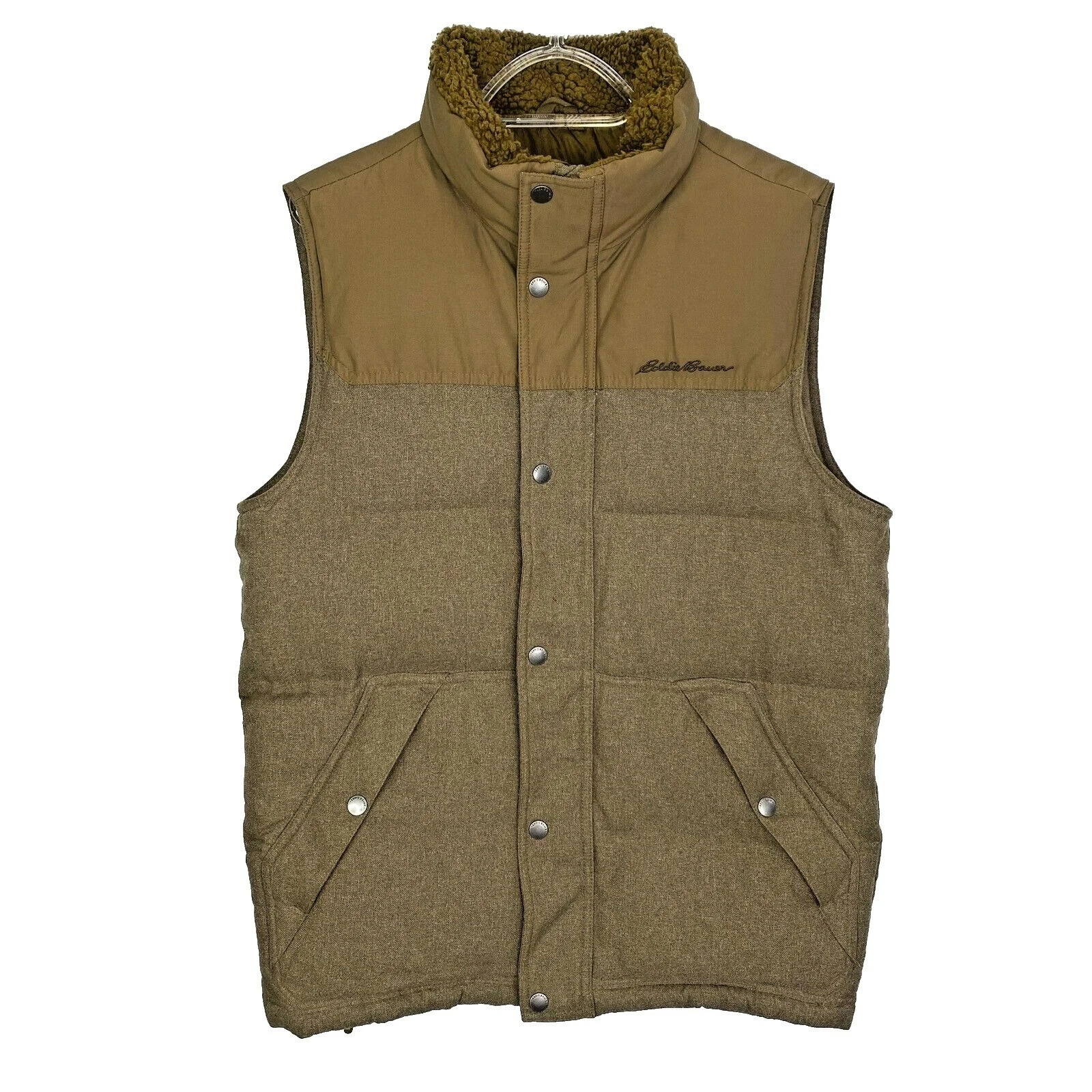 Eddie Bauer Down Puffer Vest Mens Size Small Brown Sherpa Collar Winter Outdoor