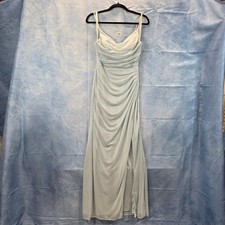 Azazie Light Blue Ruched Chiffon Maxi Bridesmaid Dress V-Neck Slit Size A2