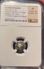 Achaean League Sparta AR Hemidrachm 2st Century BC Zeus League Monogram NGC VF