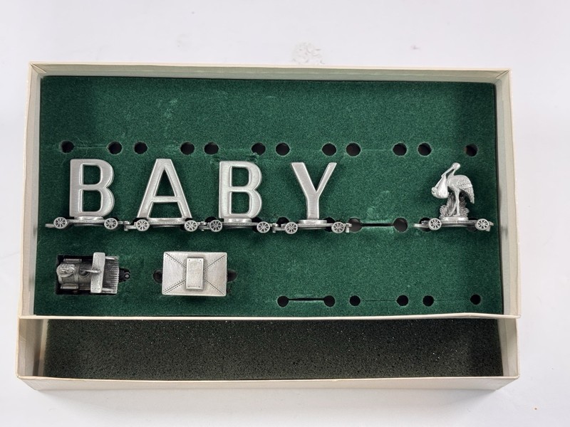 Baby Train Fort Pewter 7 Pcs Engine Caboose Stork In Box