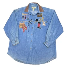 Vintage Western Button Down Denim Embroidered Shirt Horse Equestrian Medium VTG