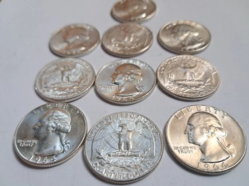 Washington Silver Quarters Lot of 10 Proof-Like 25C US Coins 90% Silver 1964