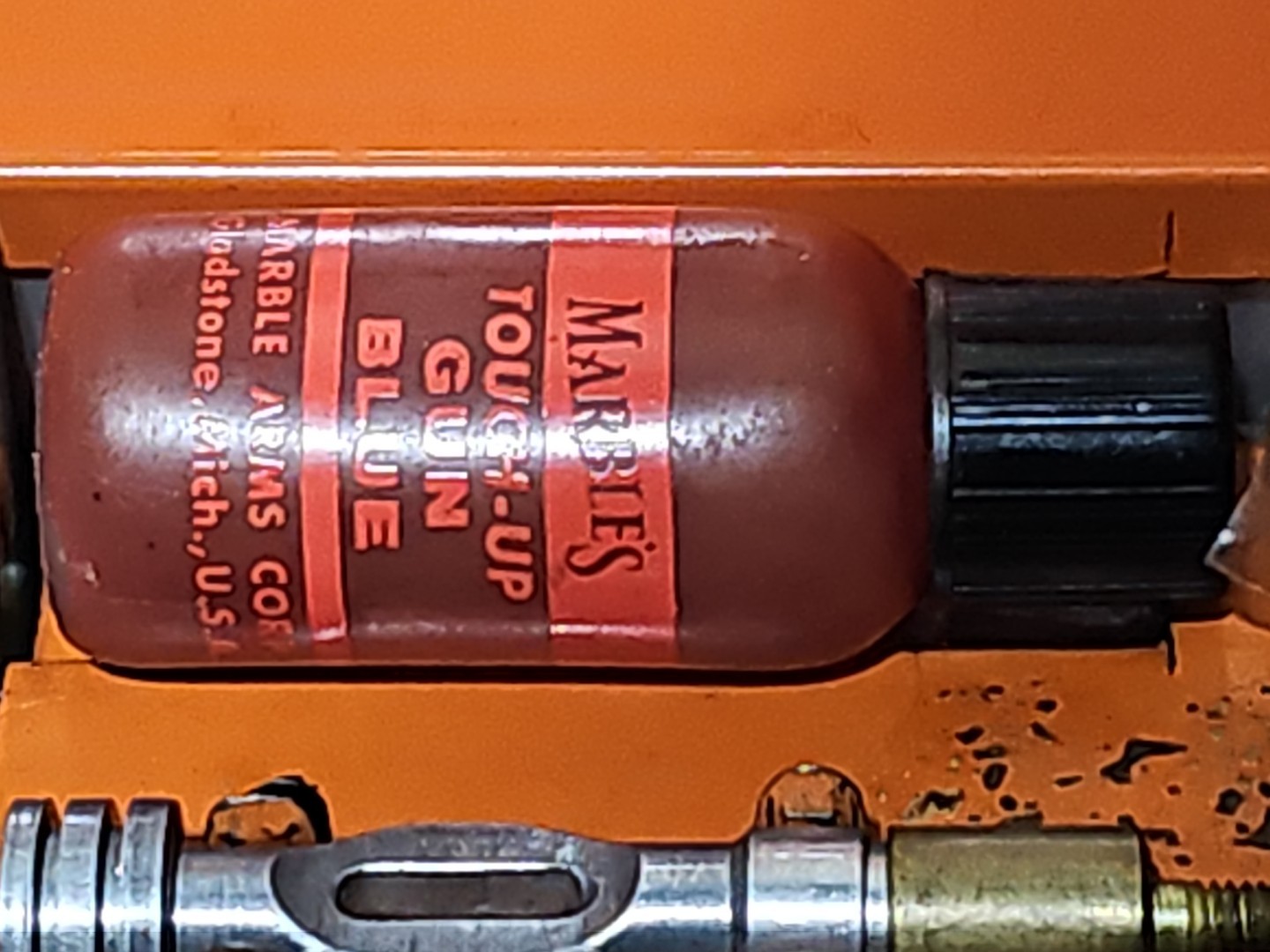 Vintage Marbles Gun Cleaning Kit NITRO SOLVENT LEAD TOP Oil Tin Pad Box Rod Tips