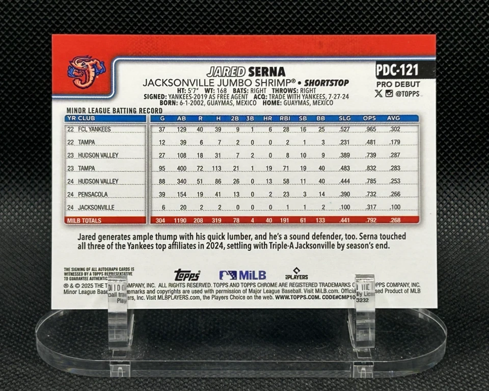 2025 Topps Pro debut Jared Serna #PDC-121 cromo refractor negro automático 09/10 Foto 2 de 2