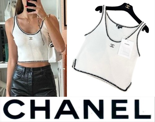 Chanel 2021 2022 White Black CC Logo Knit Sweater Top 34 36 2 4 Tank Shirt XS S