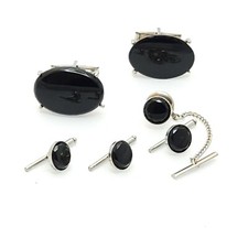 Black Glass Oval Cufflinks Tie Tac and Shirt Studs Silver Tone Formal Tuxedo