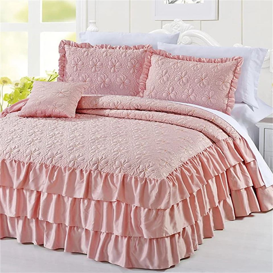 Lux 4Piece Matte Satin Bedding Set Reversible Ruffle Quilted Coverlet Queen/King - Image 4 of 4