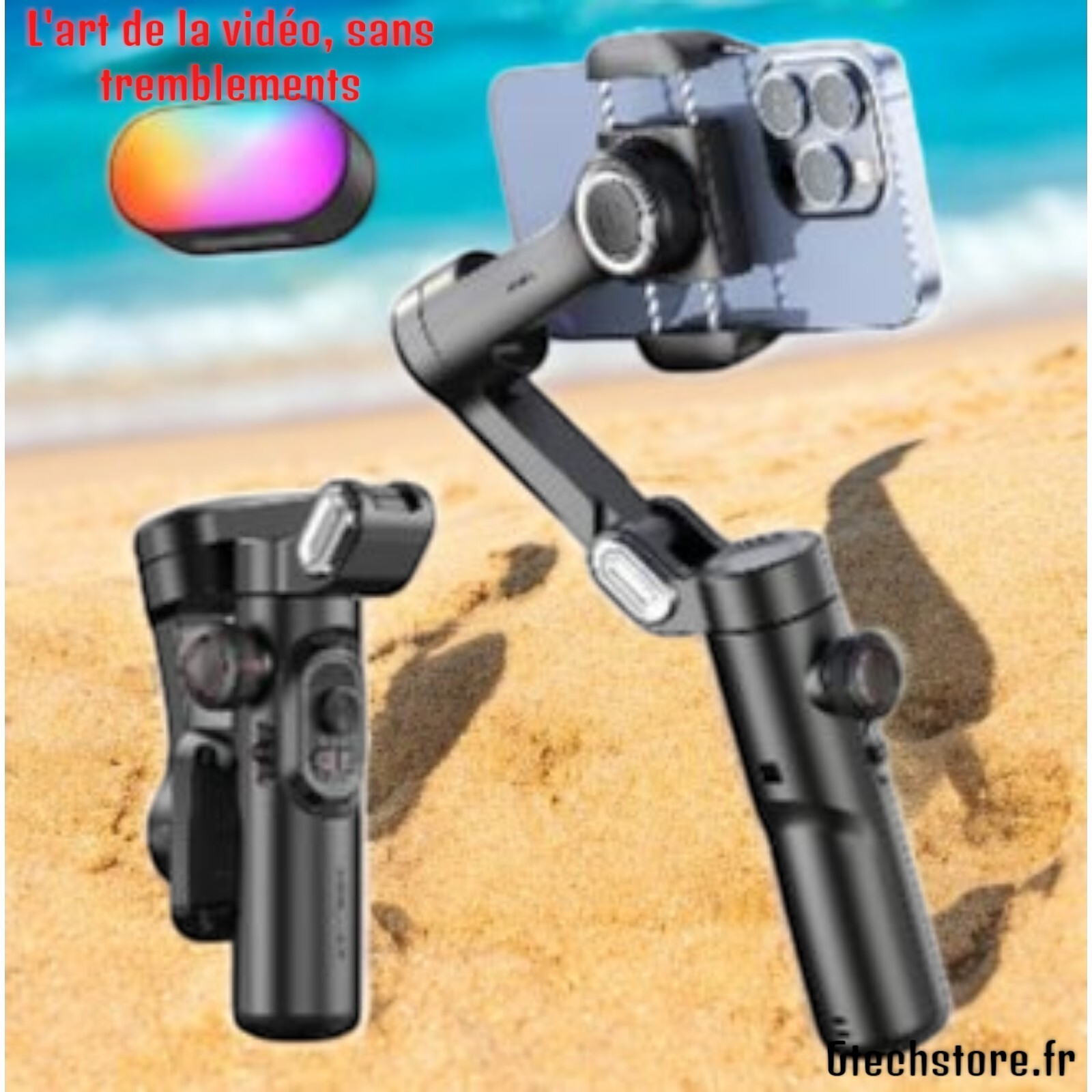 Cardan smartphone 3 axes stabilisé avec éclairage photo LED et obturateur sans fil Bluetooth