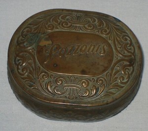 ANTIQUE POZZONI'S BRASS POWDER TIN PATENT 1912 