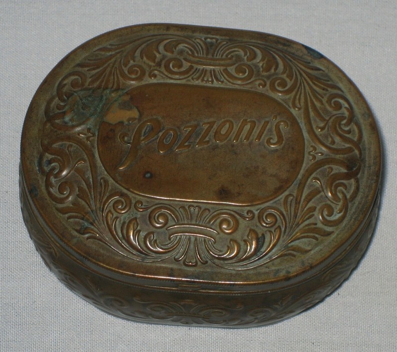 ANTIQUE POZZONI'S BRASS POWDER TIN PATENT 1912 