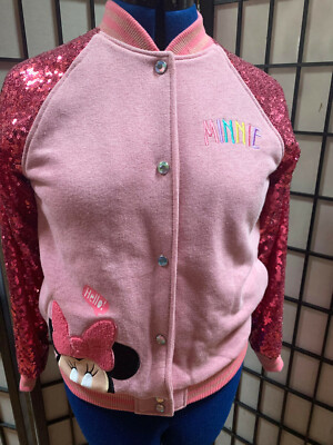 Disney Store Minnie Mouse Jacket Girls Pink Sequin Sleeve Varsity 9/10 