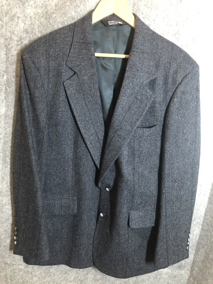 John Alexander Blazer Men 42R Blue Herringbone Tweed 100% Wool Sport Coat Jacket - Image 3 of 4