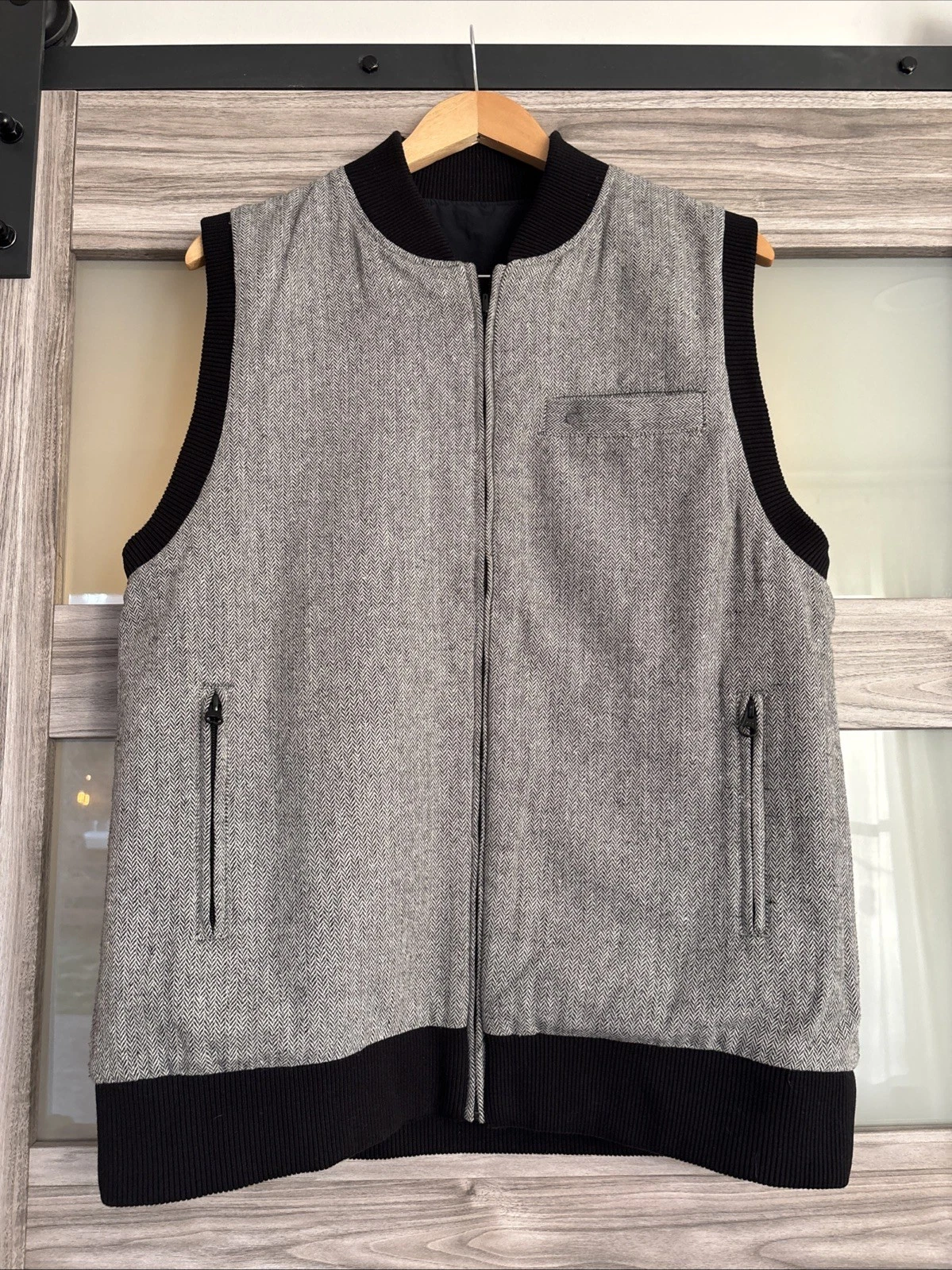 Criquet Reversible Vest Mens L Black Herringbone Full Zip Preppy Golf Ivy Style