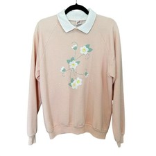 VTG Collared Embroidered Flower Floral Sweatshirt XL 46 Cottagecore Grannycore