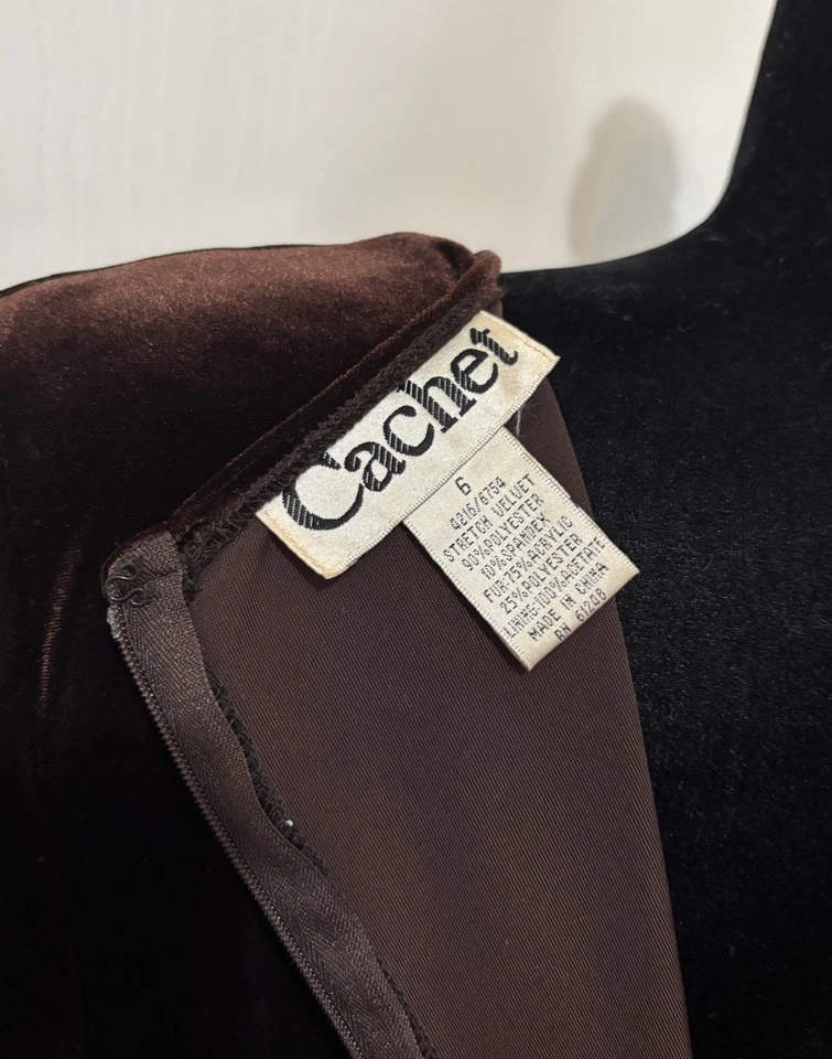Vintage CACHET Faux Fur Brown Velvet Trim Surplice Maxi Dress Size 6 Elegant - Image 4 of 4