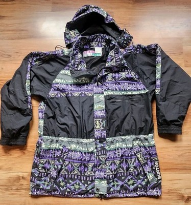 VTG 90s Burton Surfwear Mens Black Aztec Print Hooded Snowboarding Jacket Sz LG