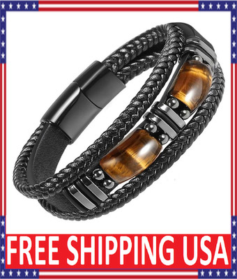 Tiger Eye Black Leather Bracelet Men Energy Crystal Stone Healing Reiki Gift USA
