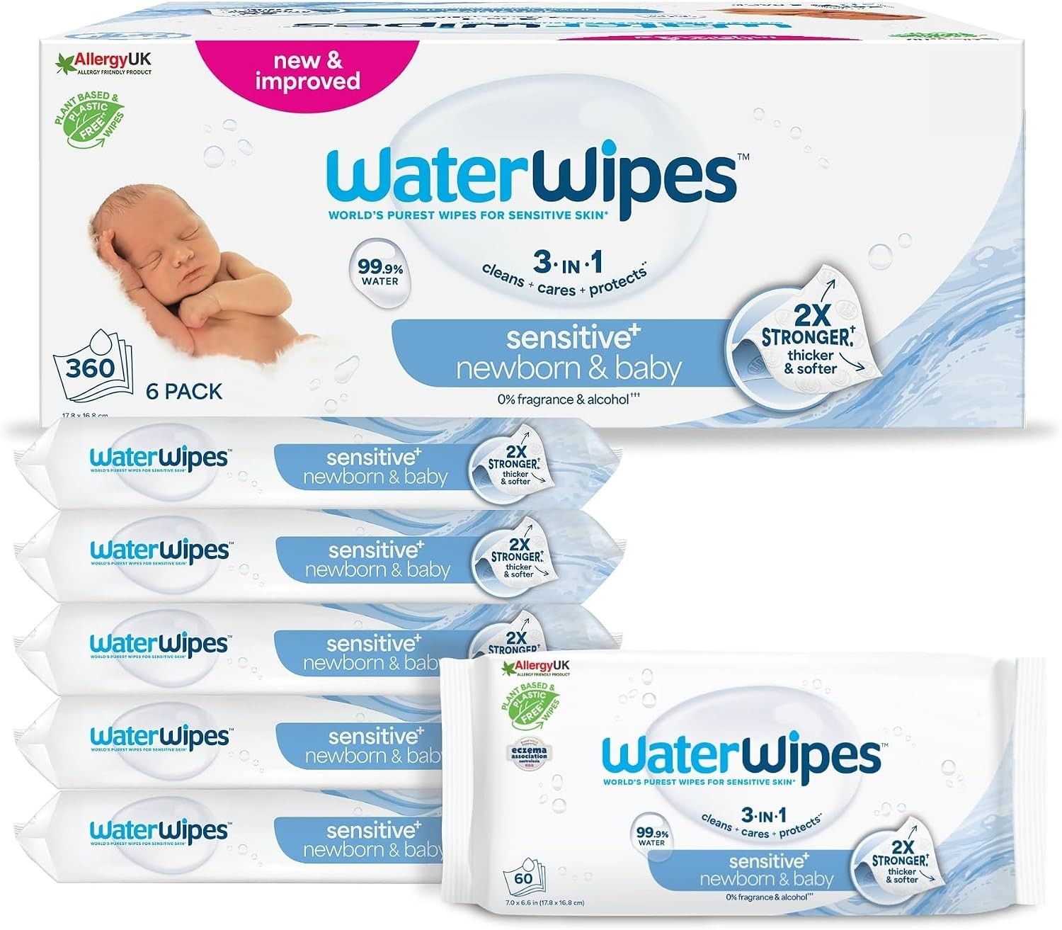 WaterWipes Sensitive+ Newborn & Baby Wipes, 360 Count (6 Packs), 3-In-1 Cleans,