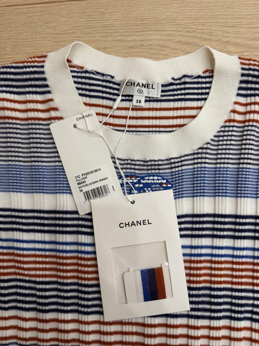 CHANEL トップス Chanel 21C Blue White Orange Striped CC Logo Top Short Sleeve