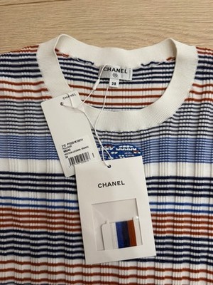 Chanel 21C Blue White Orange Striped CC Logo Top Short Sleeve