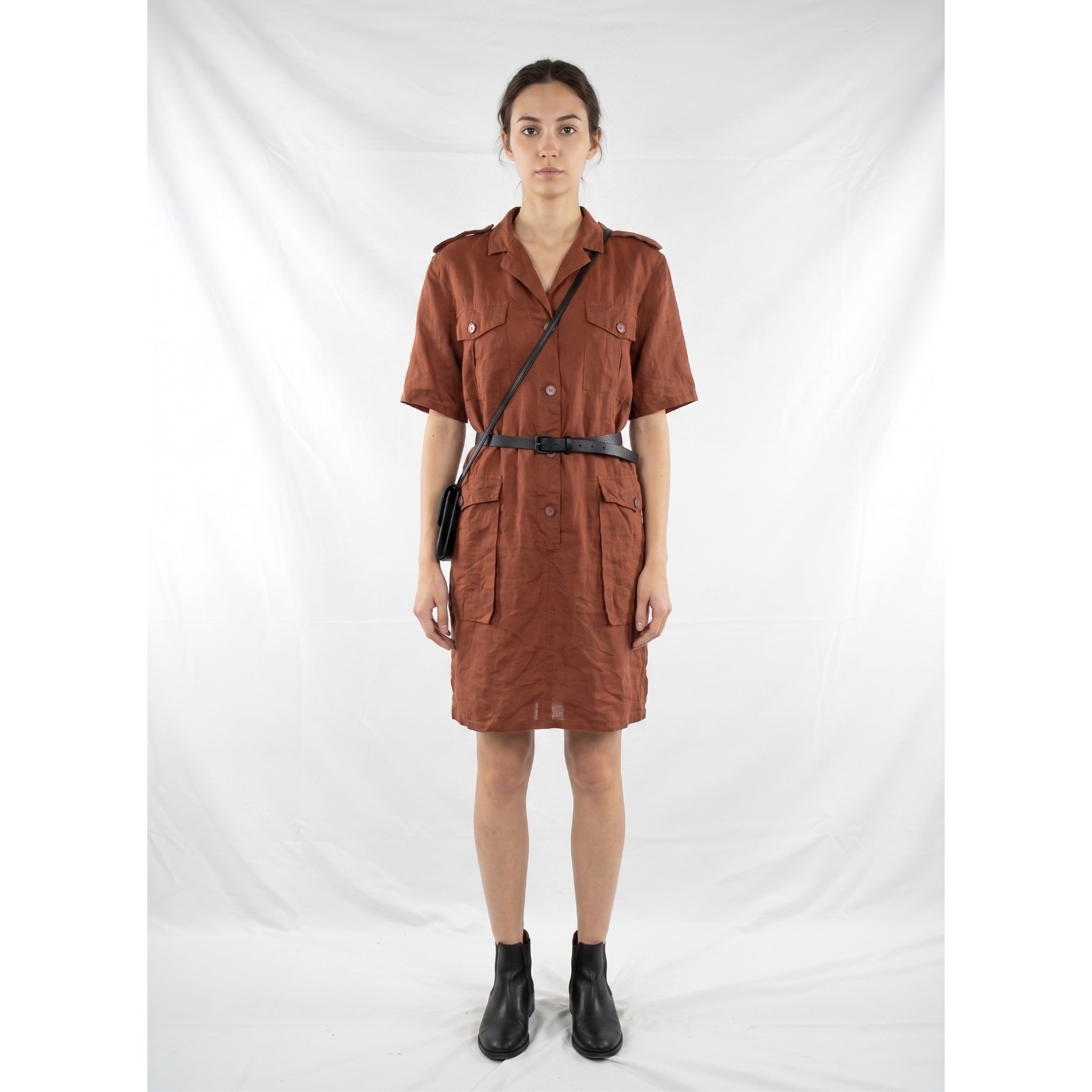 Ribelle Abito Marrone A Manica Corta Da Donna S Vestito Tunica Lino Stile Casual