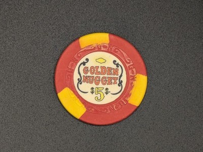 Golden Nugget (Downtown LV), $5 Casino Chip w/ yellow nugget, used, excellent