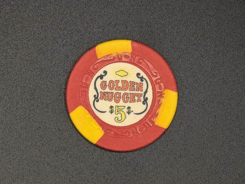 Golden Nugget (Downtown LV), $5 Casino Chip w/ yellow nugget, used, excellent