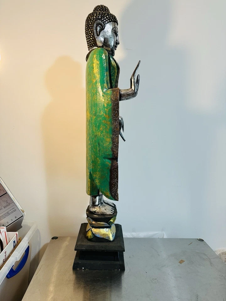 40” Buddha Khmer Style Thai standing Wooden Statue - Image 3 of 4