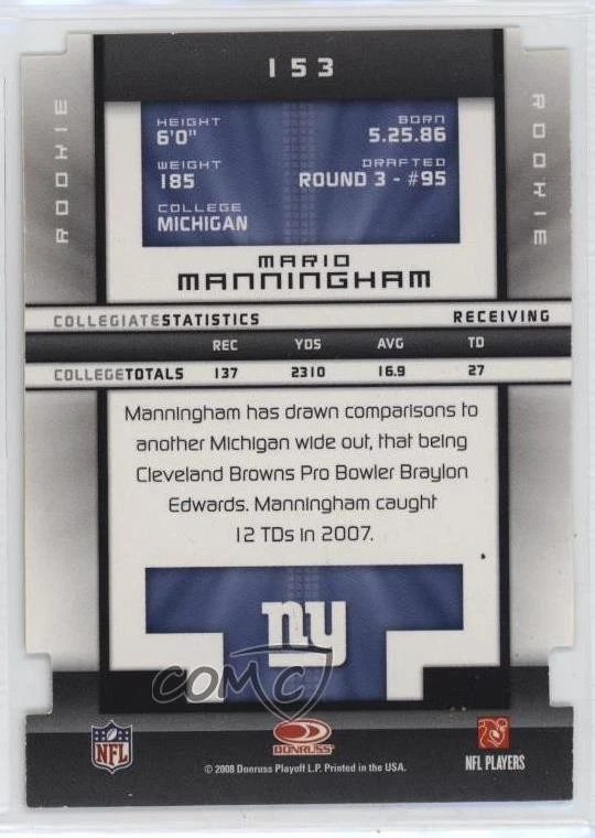 2008 Donruss Elite Rookie Status Die-Cut /86 Mario Manningham #153 Rookie RC - Image 2 of 2