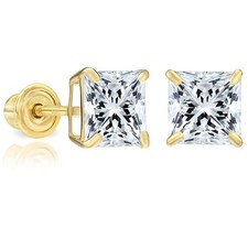 Solid 14k Yellow Gold 6mm Princess Cut Solitaire Cubic Zirconia Stud Earrings...