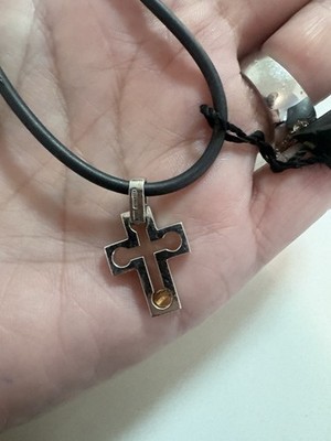 Baraka 18k White/Rose Gold Rubber Necklace Cross Pendant New Authentic 18 
