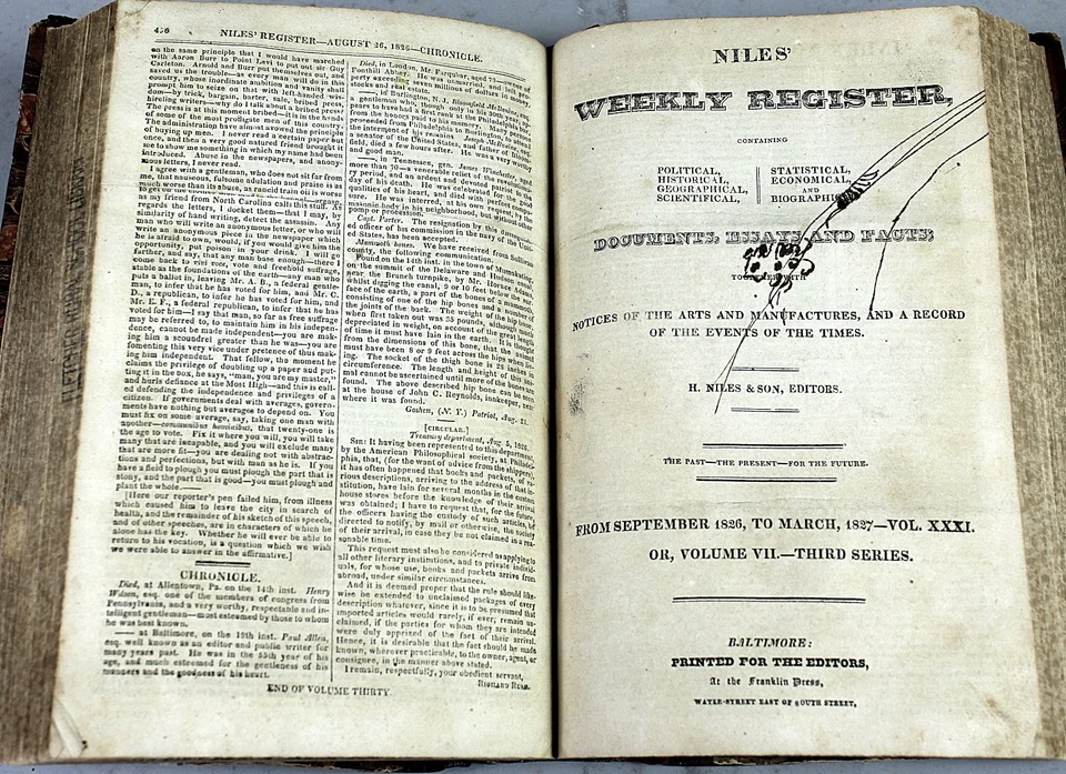 Niles' Weekly Register by H. Niles 1826 to 1827 Baltimore Illustrated Full Year - Image 3 of 4