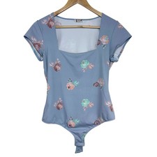Free People Floral Bodysuit Blue Square Neck Cap Sleeve Balletcore Coquette L