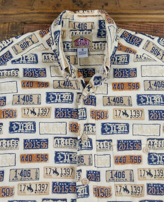 BARN FLY Old Vintage License Plates Print Short Sleeve Button Down