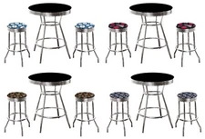 MLB Black and Chrome 3PC Bar Table Set w/Team Fabric Covered Swivel Seat Cushion