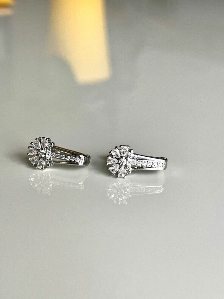 Orecchini In Argento 925 Sterling Con Zircone Orecchini Fiore di Cristallo  - Immagine 3 di 4