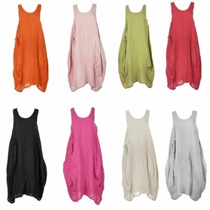 Women-Italian-Lagenlook-Pocket-Plain-Sleeveless-Linen-Midi-Tulip-Dress-Plus-Size