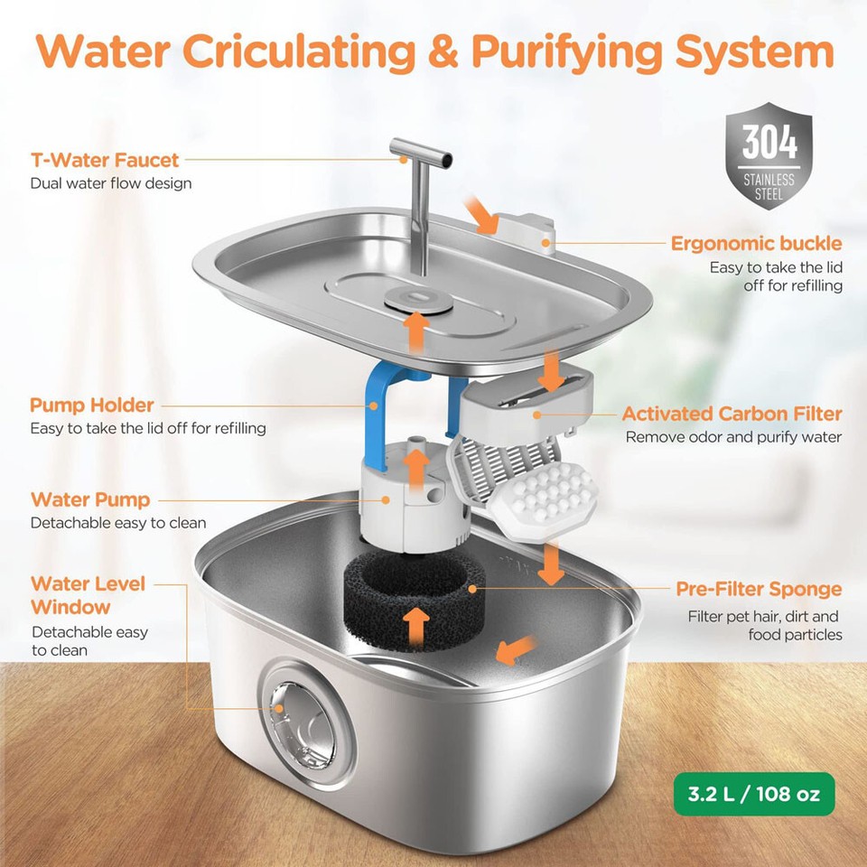 3.2LPet Water Fountain Stainless Steel Smart Circulating Water