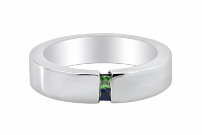 Blue Sapphire Ring N Emerald Titanium Channel Set Wedding Band 4 Him Her