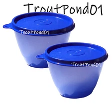 TUPPERWARE Refrigerator Bowls 14 oz Royal Blue Leftovers Nesting Stacking Set 2