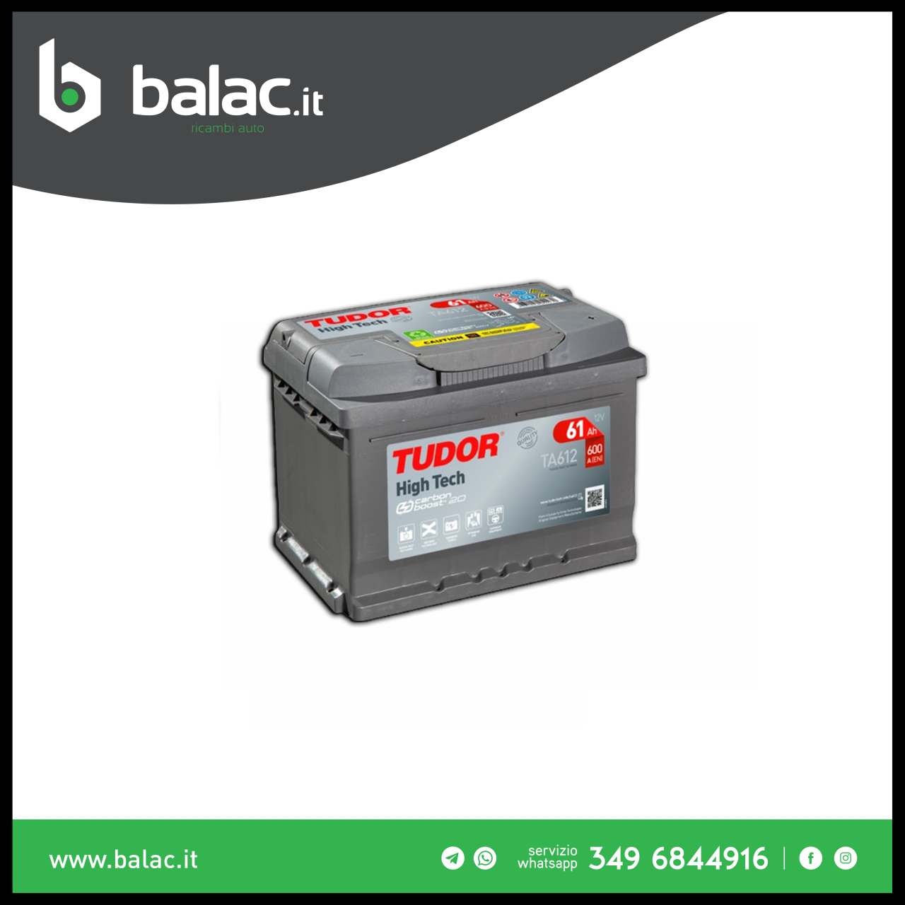 Batteria Tudor TA612 61Ah 600A 12V High Tech