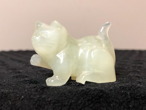 Small Carved Light Green Jade Playful Cat Figurine, 1-1/2" - Picture 2 of 9