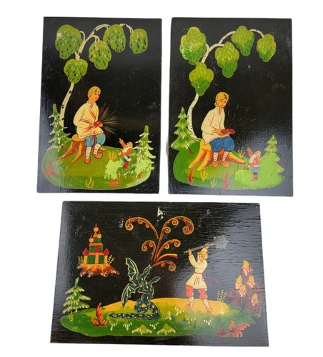 Beautiful Lot of (3) Vintage USSR Russian Lacquered Hand Painted on Wood Panel A
