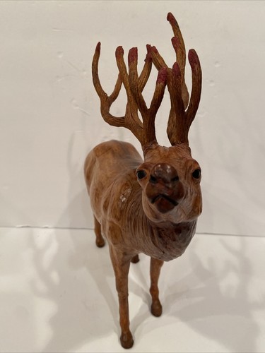 Vintage Leather Wrapped Deer Figure Stag Buck Elk Statue With Antlers 12” x 14” - Picture 3 of 8