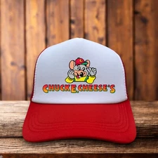Chuck E. Cheese Mens Trucker Hat Red Snapback Pizza Arcade 90s Throwback Logo
